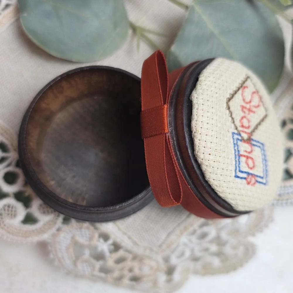 Vintage Wooden Stamp Box Cross Stitched Lid Round‎ Dark Wood Desk Organizer